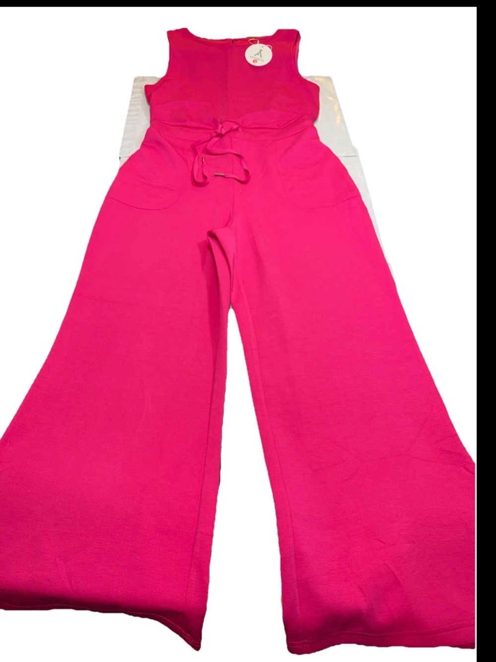 ANRABESS Sleeveless HOT PINK Jumpsuit Romper tie Waist Wide Legs SOFT KNIT NEW M